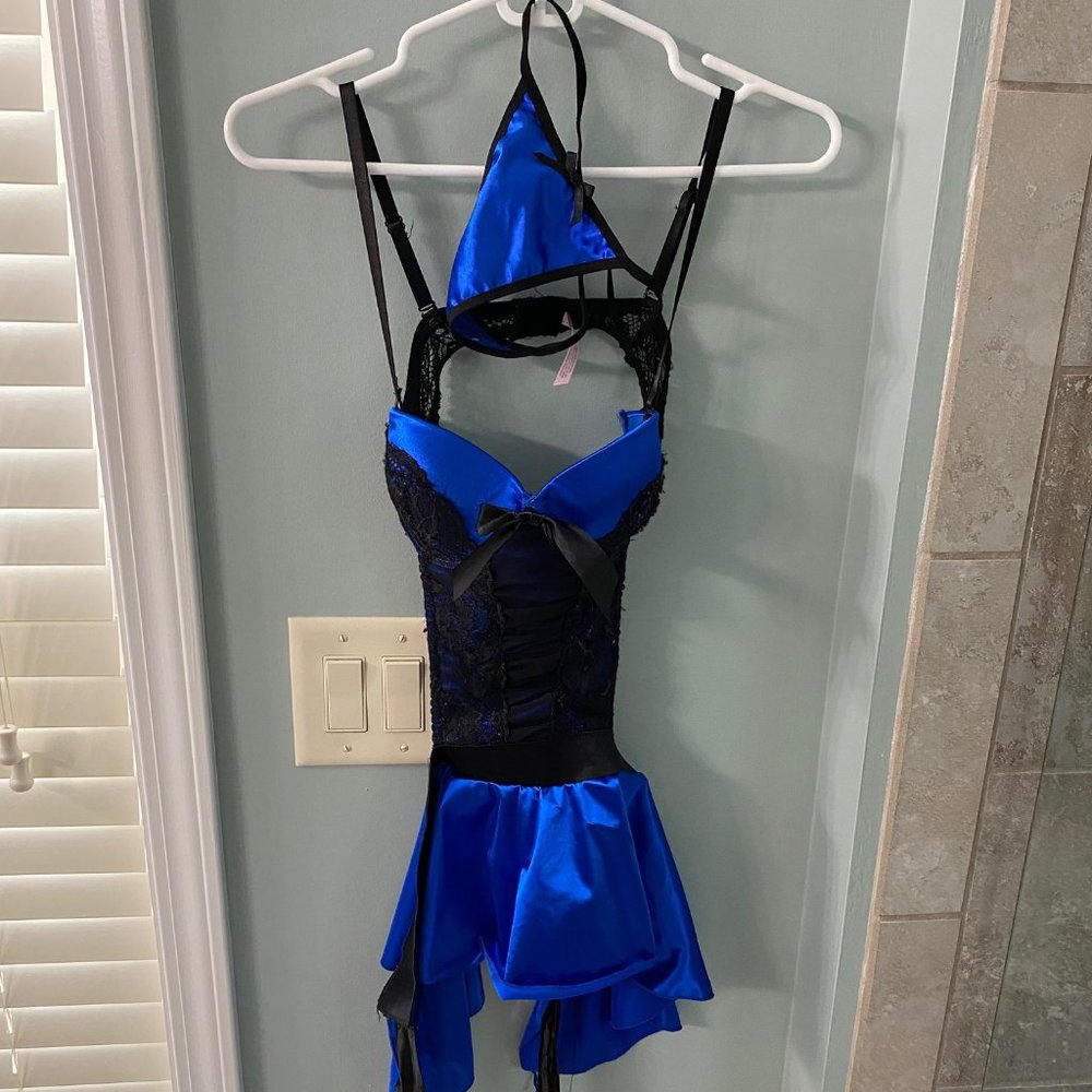 Blue Satin with Black Lace Bustier Lingerie